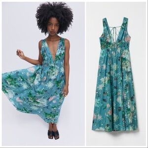 H&M Premium Floral Maxi Dress Teal Size Medium NWT Summer Boho Cottagecore